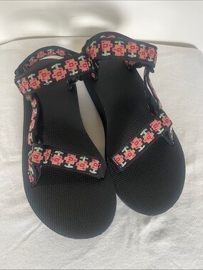 Teva Black Sandals with Pink Floral Strap Detail